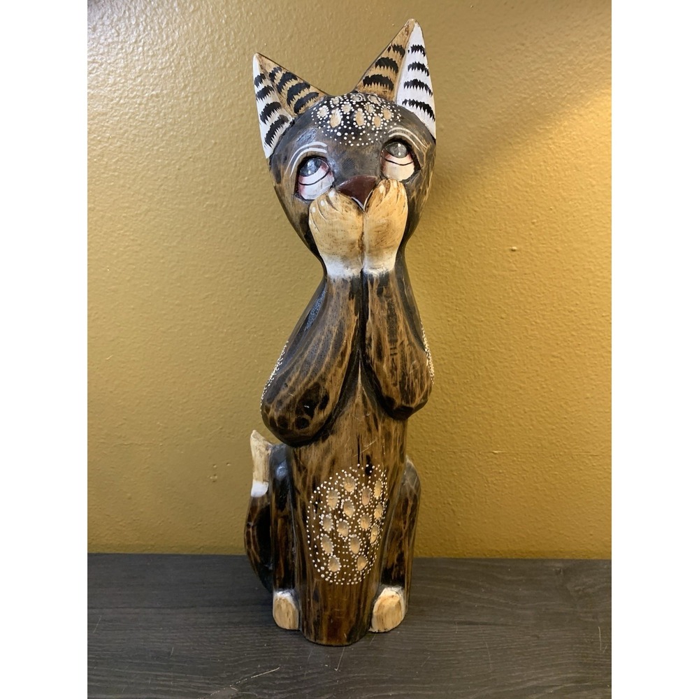 Cat Wood Statue Hand Carved Hand Painted 13" Indonesia Big Eyes